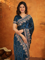 Royal Navy Blue Fendy Satin Embroidered Saree with Heavy Floral Border & Tassels | Designer Saree with Rich Embroidered Blouse
