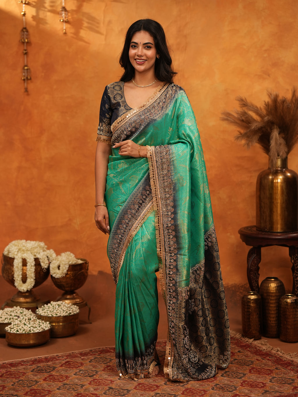 Elegant Teal Green Banarasi Silk Saree with Black Zari Border & Rich Woven Pallu | Designer Festive & Wedding Wear Saree