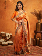 Rust Orange Banarasi Silk Embroidered Saree with Royal Floral Border & Zari Weaving | Heavy Embroidered Blouse with Tassels | Wedding & Festive Wear Saree
