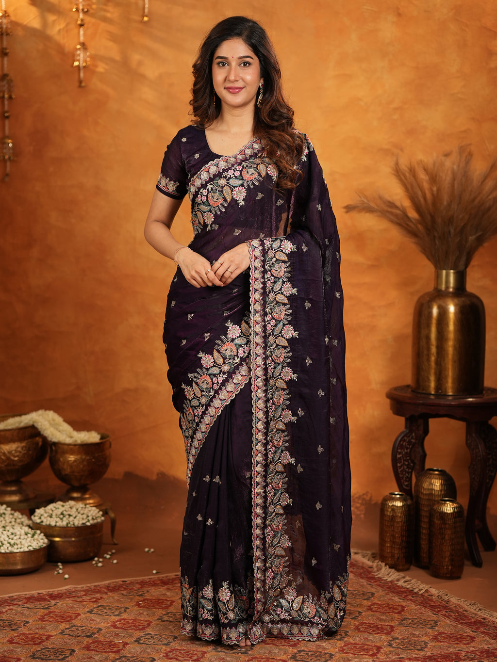 Deep Wine Purple Fendy Satin Embroidered Saree with Floral Border & Designer Pallu | Party Wear Saree with Heavy Embroidered Blouse