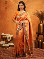 Rust Orange Banarasi Silk Embroidered Saree with Royal Floral Border & Zari Weaving | Heavy Embroidered Blouse with Tassels | Wedding & Festive Wear Saree
