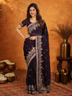 Deep Wine Purple Fendy Satin Embroidered Saree with Floral Border & Designer Pallu | Party Wear Saree with Heavy Embroidered Blouse