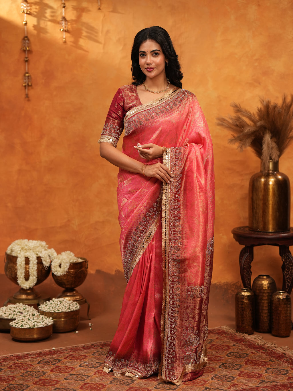 Graceful Coral Pink Banarasi Silk Saree with Rich Zari Border & Contrast Blouse | Designer Wedding & Festive Wear Saree
