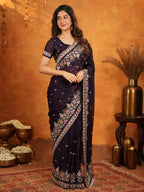 Deep Wine Purple Fendy Satin Embroidered Saree with Floral Border & Designer Pallu | Party Wear Saree with Heavy Embroidered Blouse
