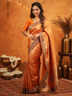 Rust Orange Banarasi Silk Embroidered Saree with Royal Floral Border & Zari Weaving | Heavy Embroidered Blouse with Tassels | Wedding & Festive Wear Saree