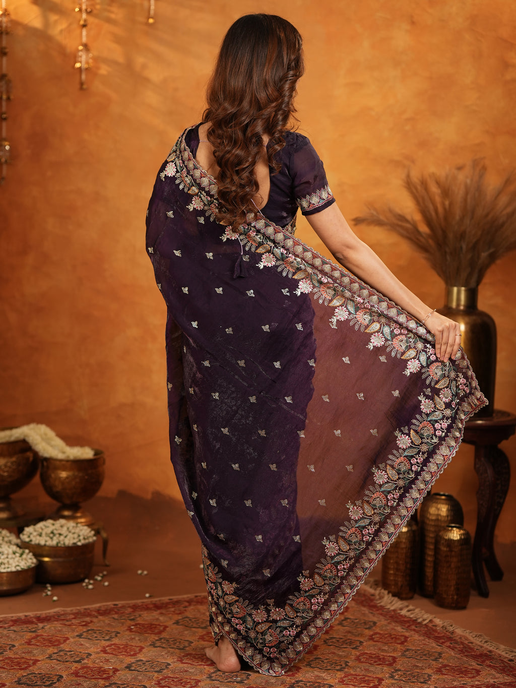 Deep Wine Purple Fendy Satin Embroidered Saree with Floral Border & Designer Pallu | Party Wear Saree with Heavy Embroidered Blouse