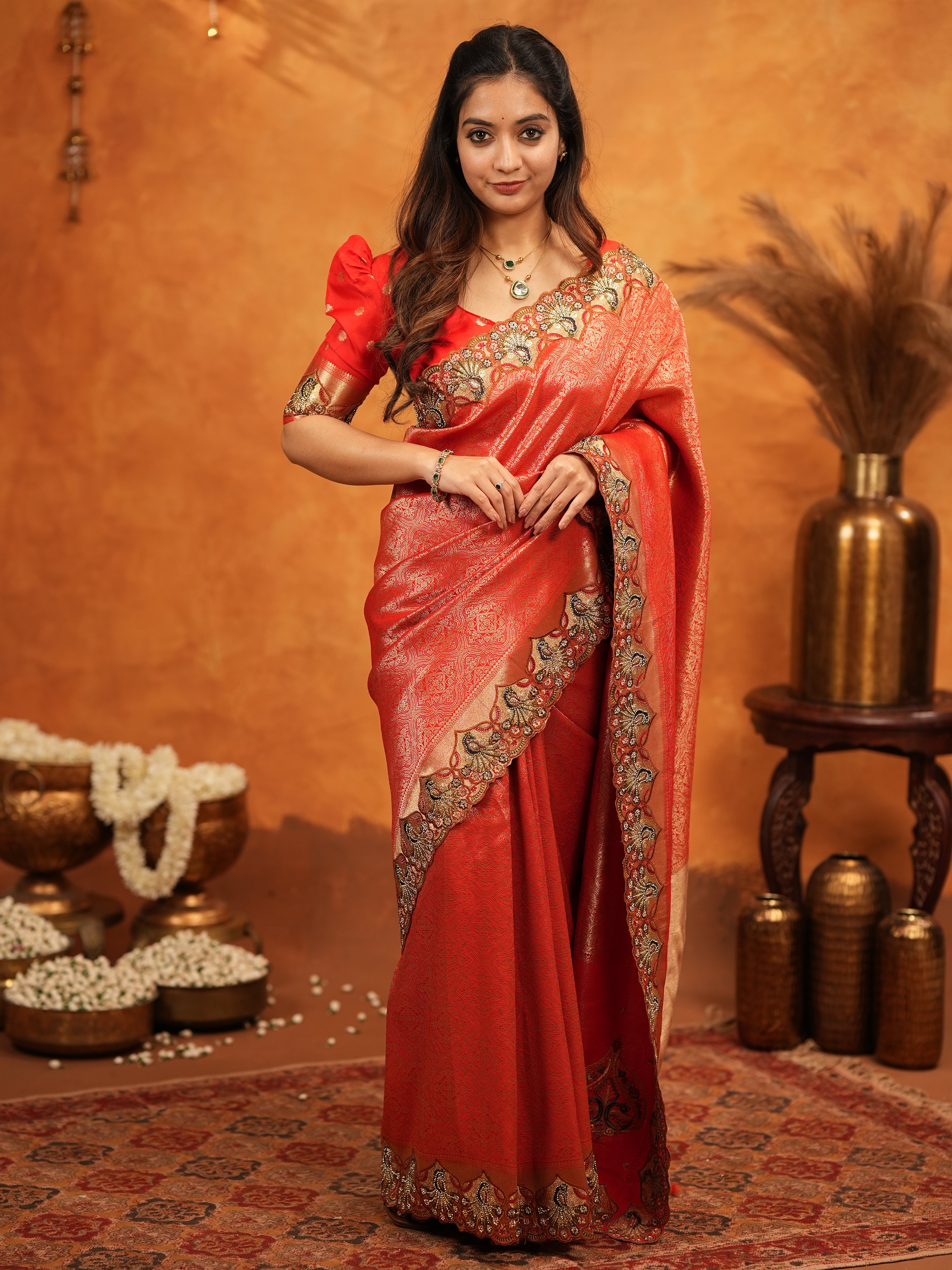 Classic Red Banarasi Silk Saree with Rich Zari Weaving & Heavy Embroidered Border | Designer Wedding Wear Saree with Blouse & Tassels