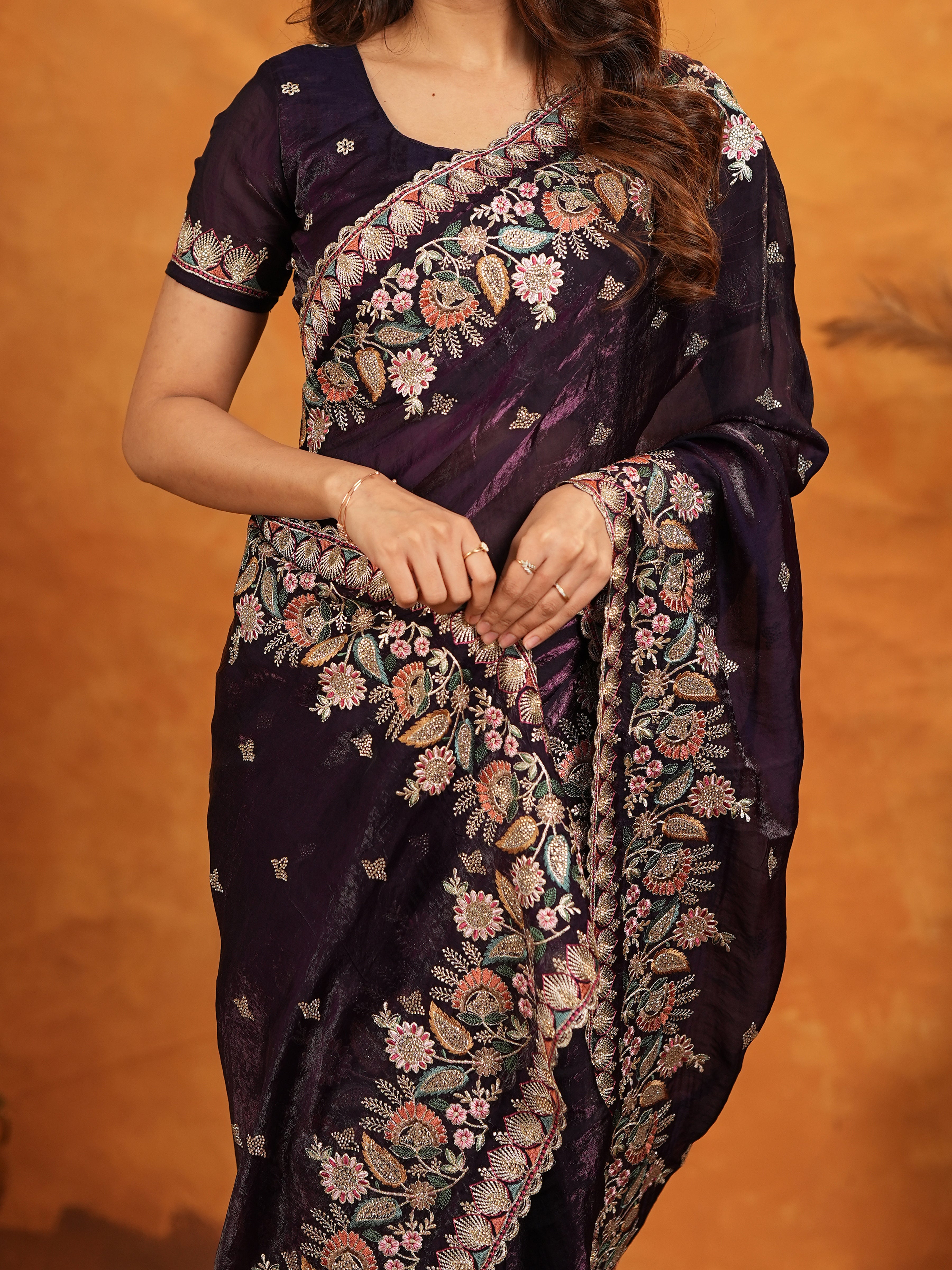 Deep Wine Purple Fendy Satin Embroidered Saree with Floral Border & Designer Pallu | Party Wear Saree with Heavy Embroidered Blouse