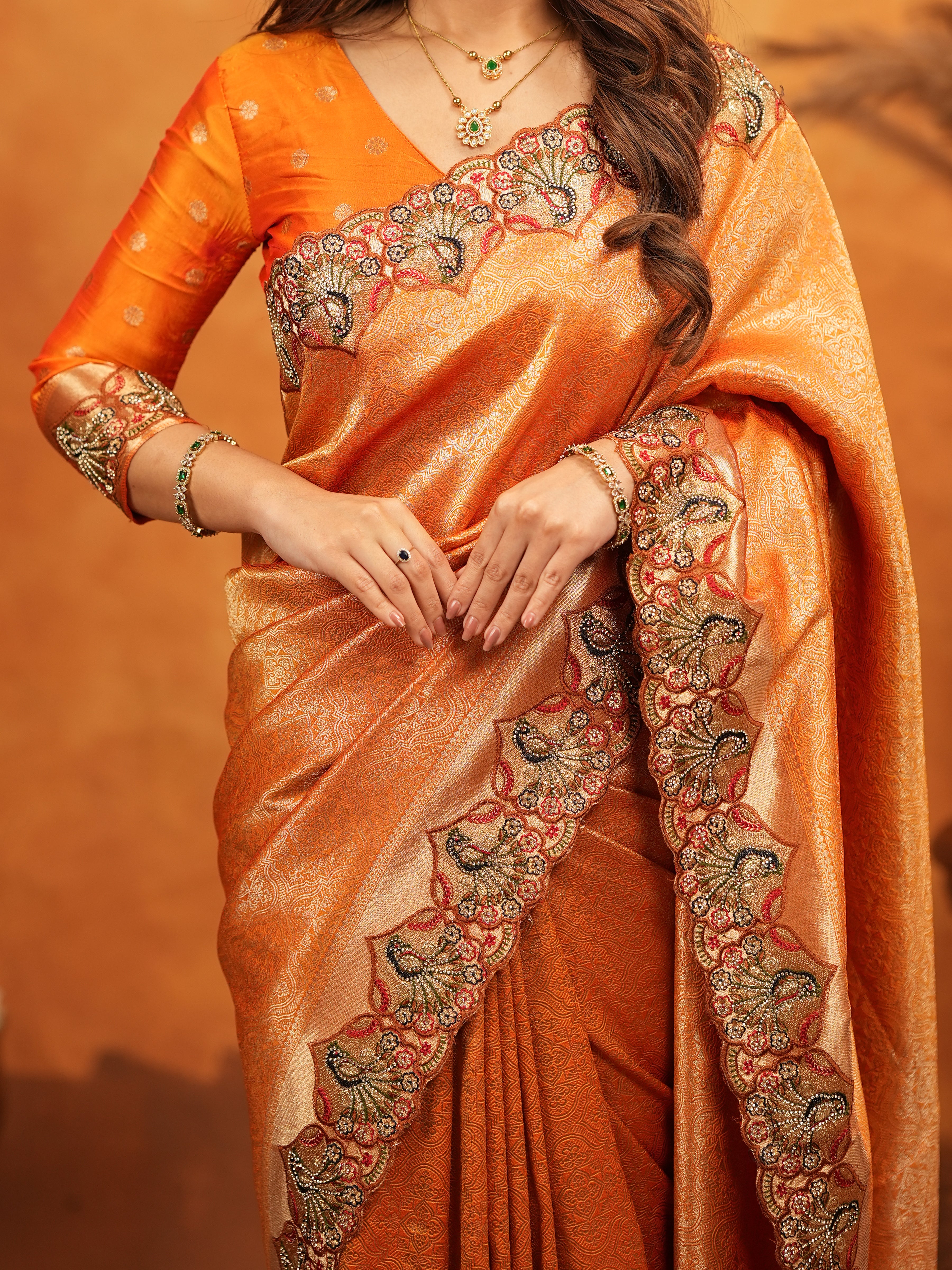 Rust Orange Banarasi Silk Embroidered Saree with Royal Floral Border & Zari Weaving | Heavy Embroidered Blouse with Tassels | Wedding & Festive Wear Saree