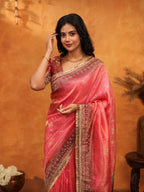 Graceful Coral Pink Banarasi Silk Saree with Rich Zari Border & Contrast Blouse | Designer Wedding & Festive Wear Saree
