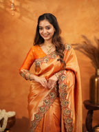 Rust Orange Banarasi Silk Embroidered Saree with Royal Floral Border & Zari Weaving | Heavy Embroidered Blouse with Tassels | Wedding & Festive Wear Saree