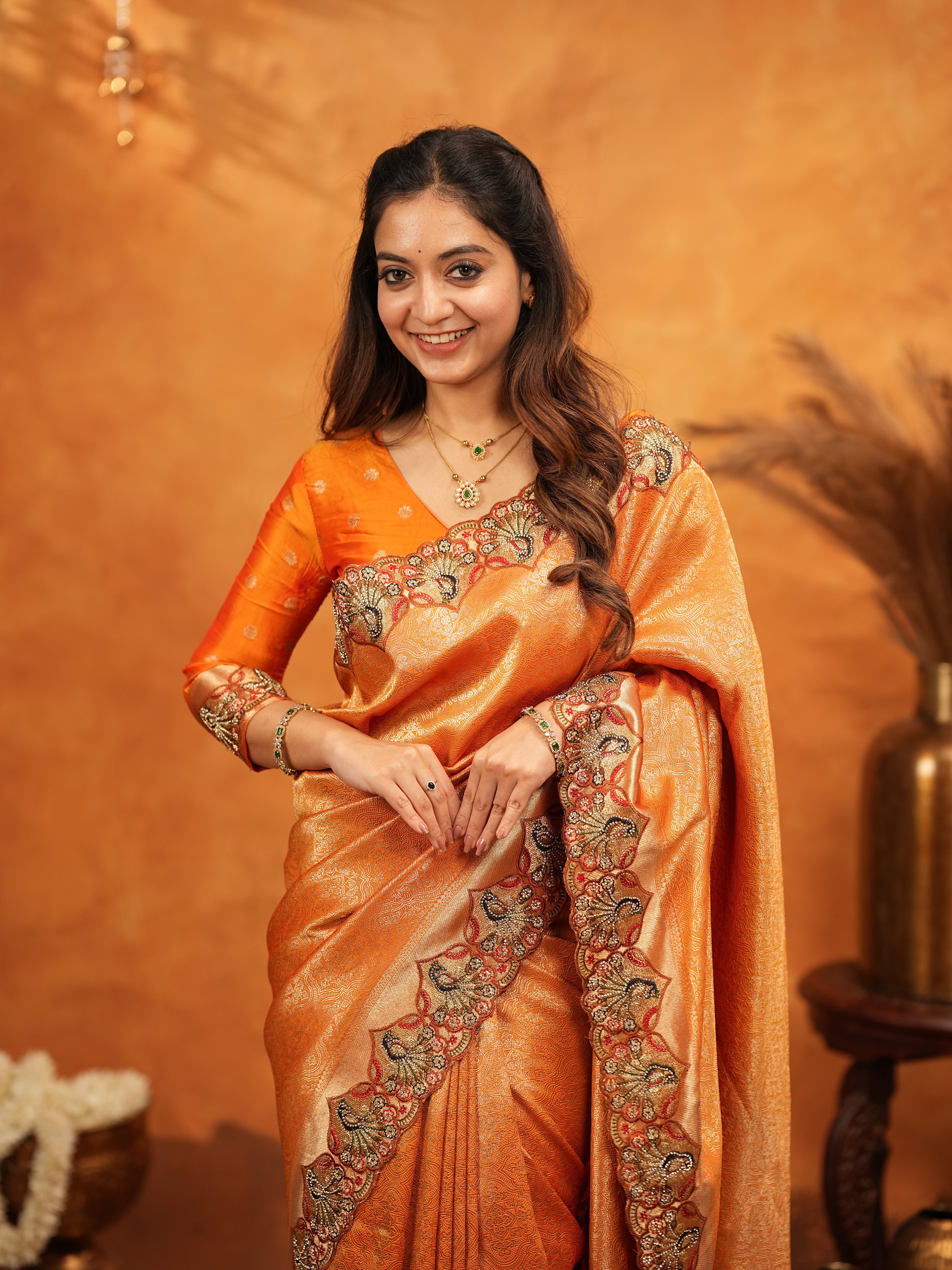 Rust Orange Banarasi Silk Embroidered Saree with Royal Floral Border & Zari Weaving | Heavy Embroidered Blouse with Tassels | Wedding & Festive Wear Saree