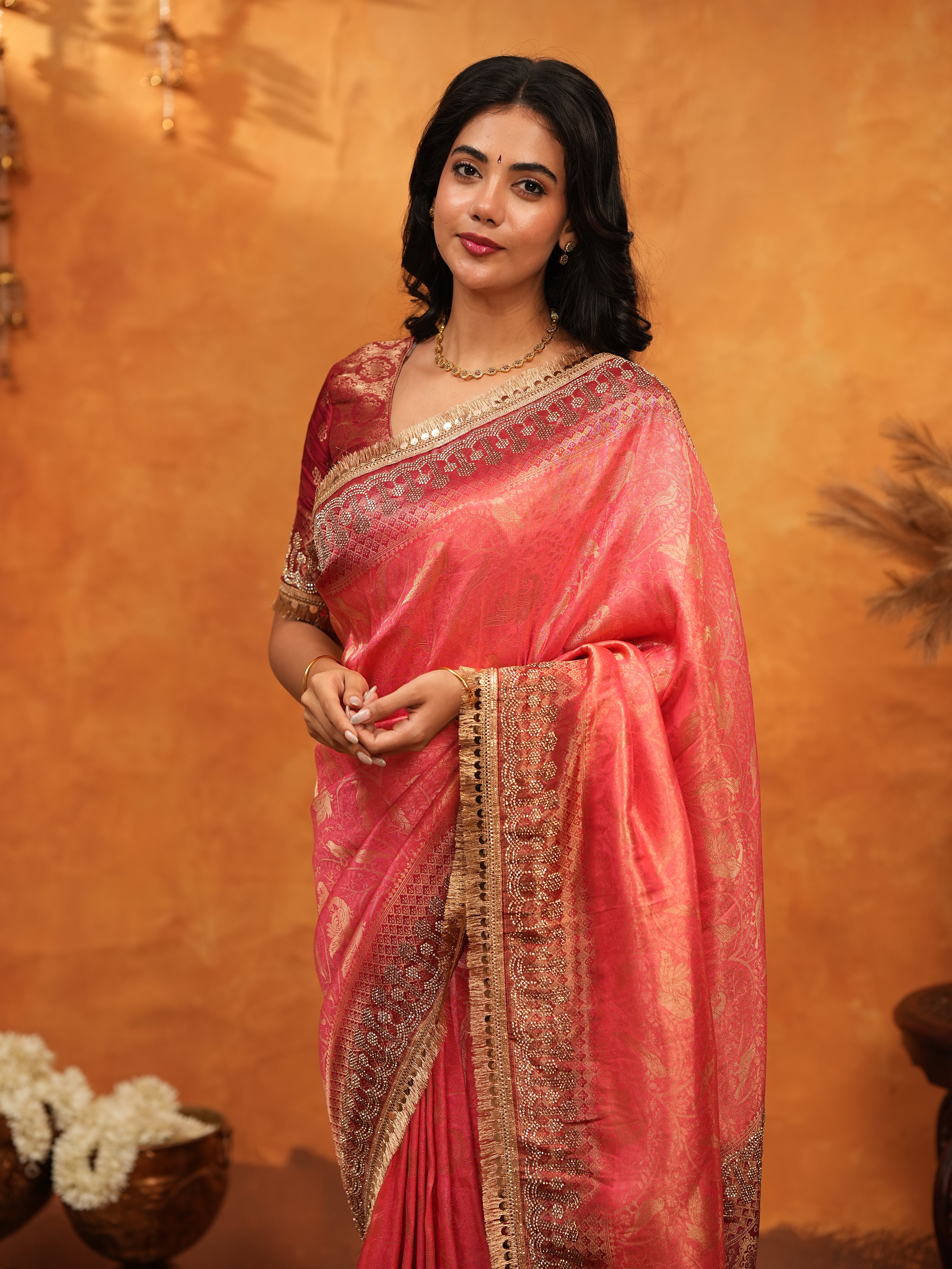 Graceful Coral Pink Banarasi Silk Saree with Rich Zari Border & Contrast Blouse | Designer Wedding & Festive Wear Saree