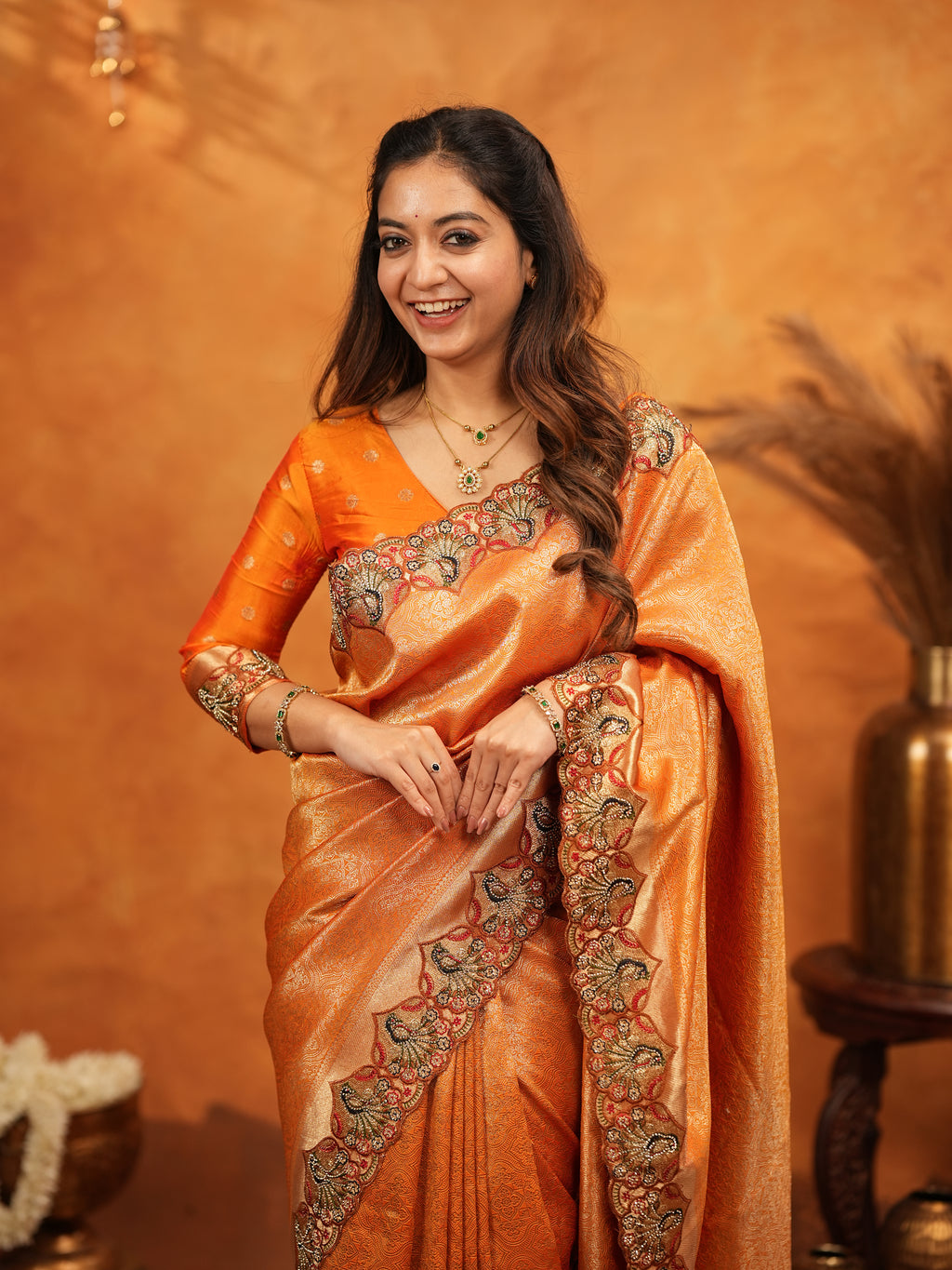 Rust Orange Banarasi Silk Embroidered Saree with Royal Floral Border & Zari Weaving | Heavy Embroidered Blouse with Tassels | Wedding & Festive Wear Saree