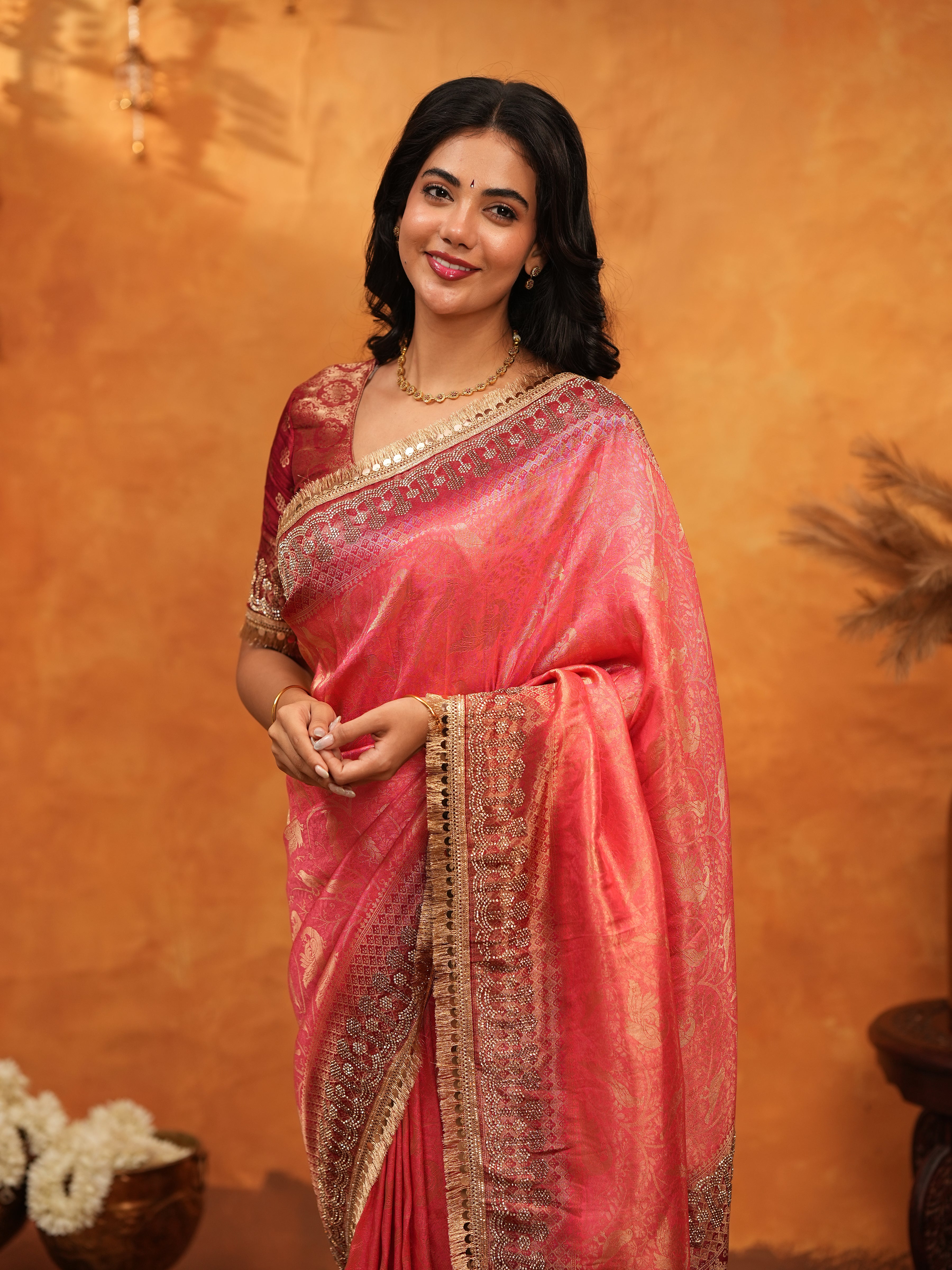 Graceful Coral Pink Banarasi Silk Saree with Rich Zari Border & Contrast Blouse | Designer Wedding & Festive Wear Saree