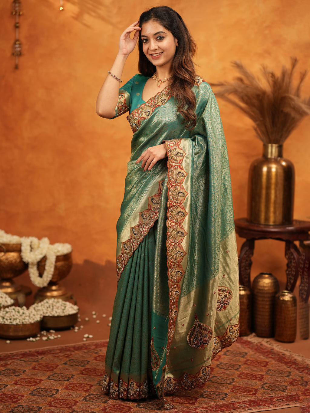 Teal Green Banarasi Silk Embroidered Saree with Royal Paisley Border & Zari Weaving | Heavy Embroidered Blouse with Tassels | Wedding & Festive Wear Saree