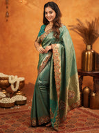 Teal Green Banarasi Silk Embroidered Saree with Royal Paisley Border & Zari Weaving | Heavy Embroidered Blouse with Tassels | Wedding & Festive Wear Saree