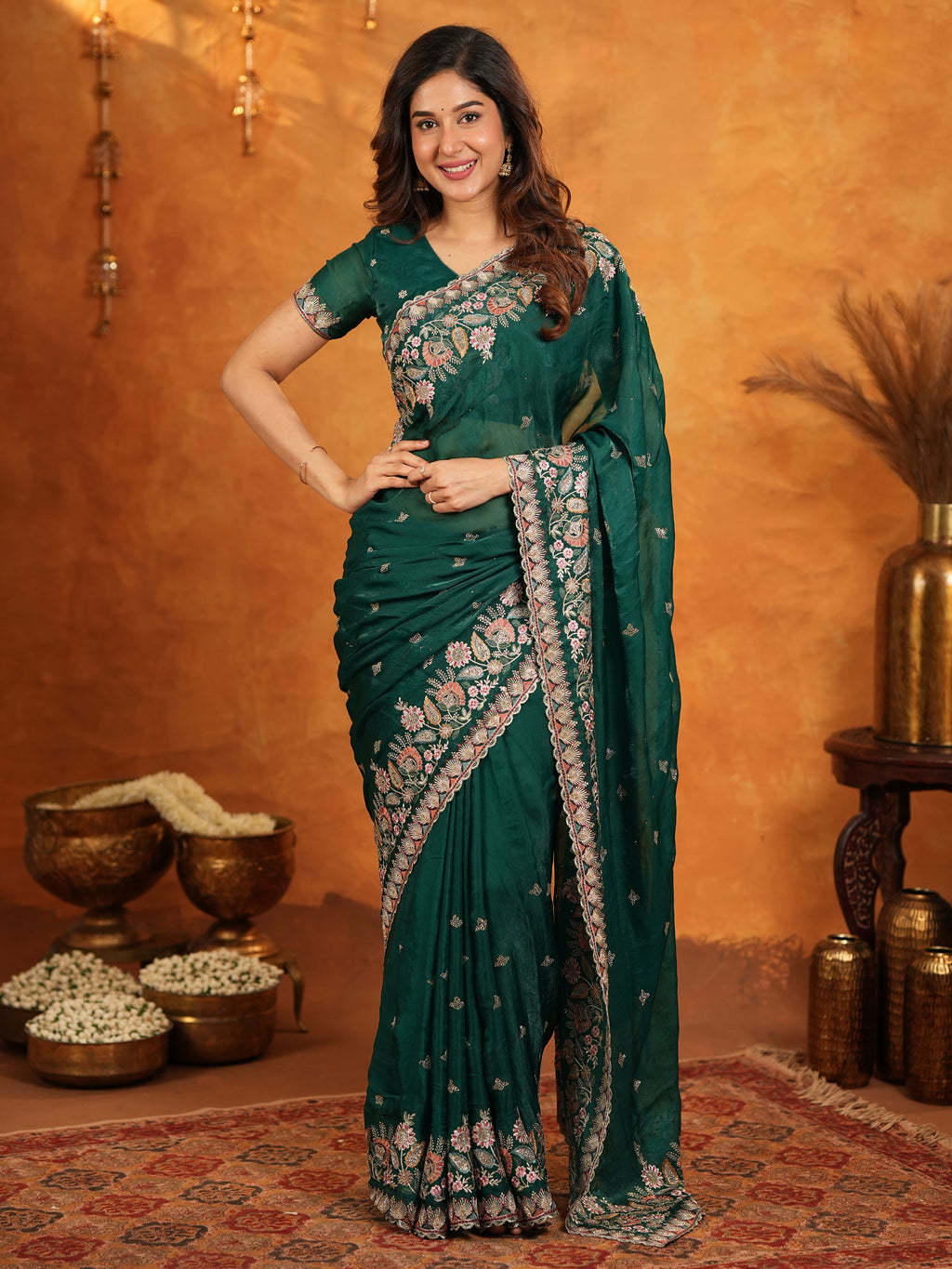 Emerald Green Fendy Satin Embroidered Saree with Heavy Floral Border & Tassels | Designer Saree with Rich Embroidered Blouse