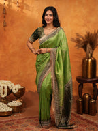 Elegant Parrot Green Banarasi Silk Saree with Rich Zari Border & Contrast Blouse | Designer Wedding & Festive Wear Saree