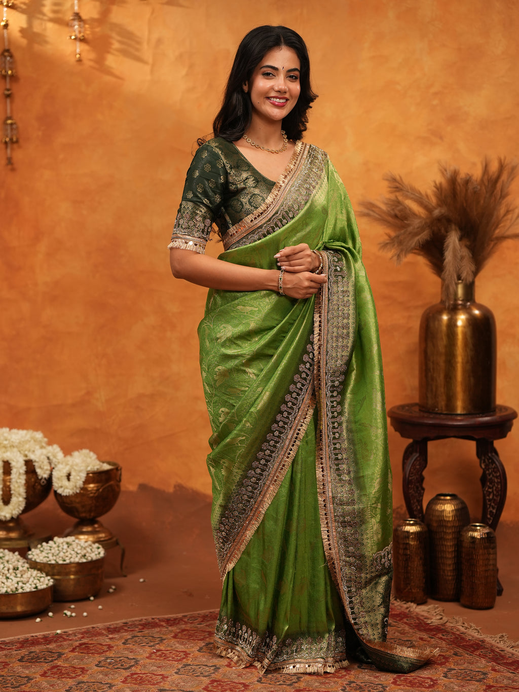 Elegant Parrot Green Banarasi Silk Saree with Rich Zari Border & Contrast Blouse | Designer Wedding & Festive Wear Saree