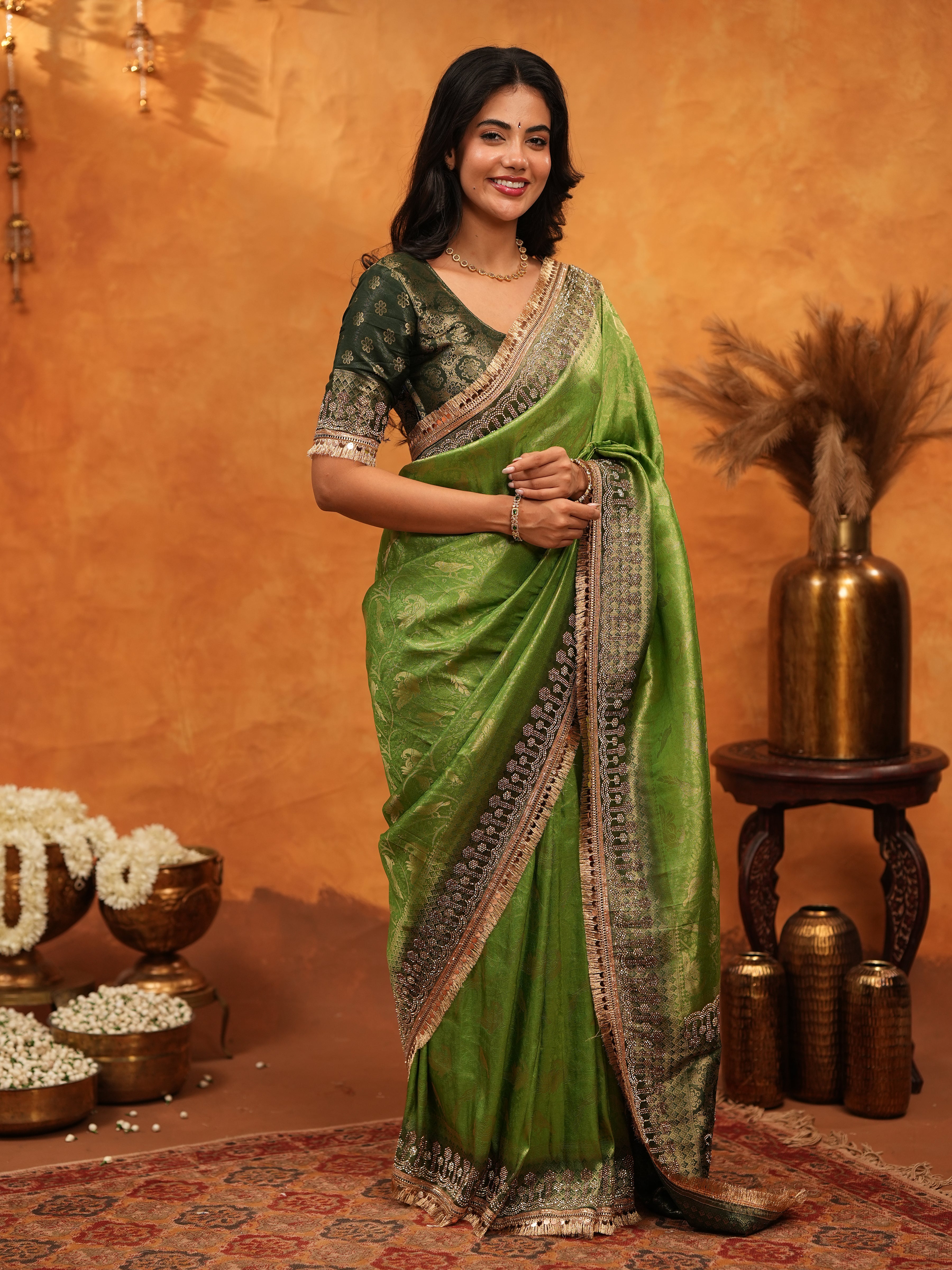Elegant Parrot Green Banarasi Silk Saree with Rich Zari Border & Contrast Blouse | Designer Wedding & Festive Wear Saree