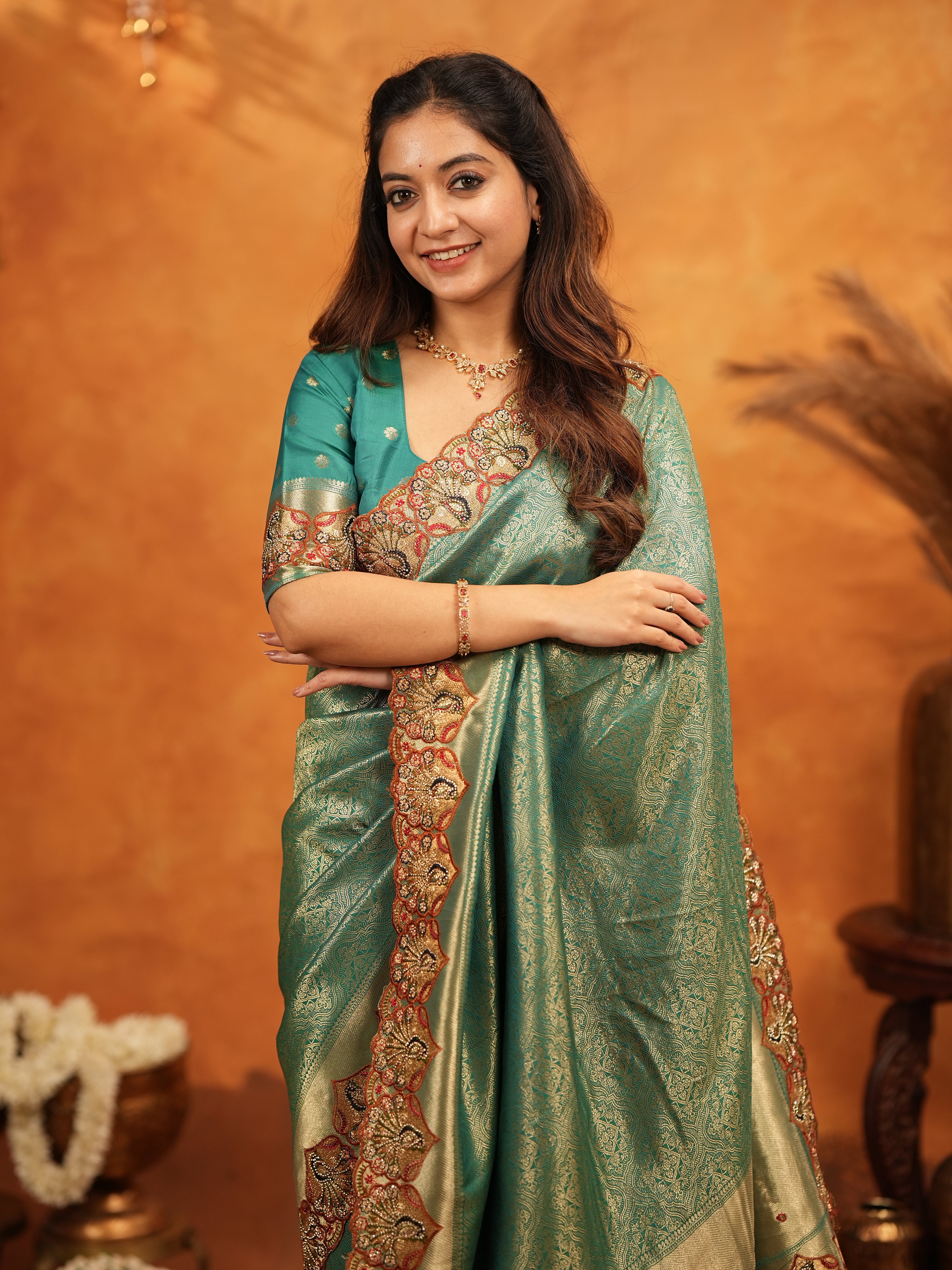Teal Green Banarasi Silk Embroidered Saree with Royal Paisley Border & Zari Weaving | Heavy Embroidered Blouse with Tassels | Wedding & Festive Wear Saree