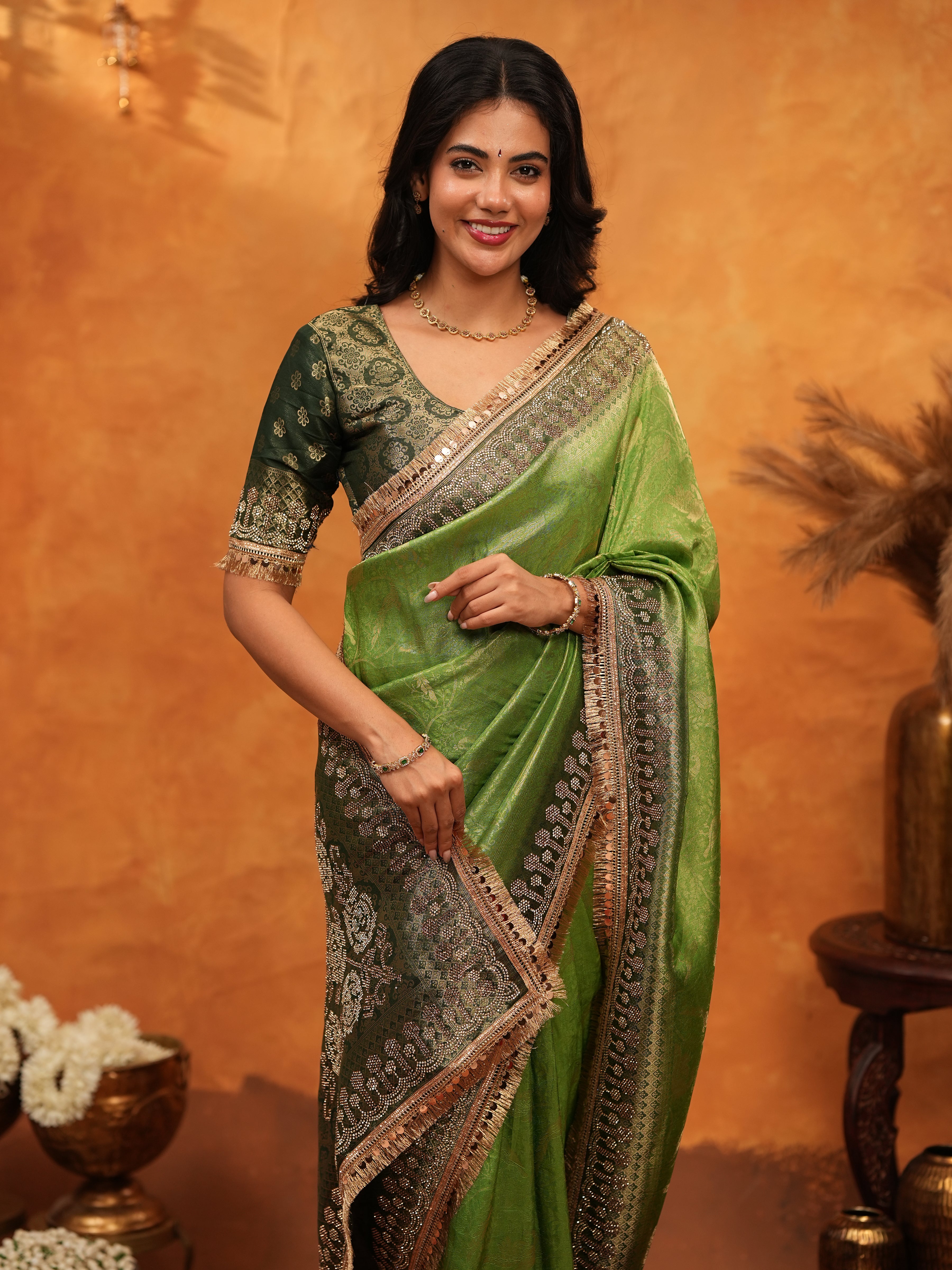Elegant Parrot Green Banarasi Silk Saree with Rich Zari Border & Contrast Blouse | Designer Wedding & Festive Wear Saree