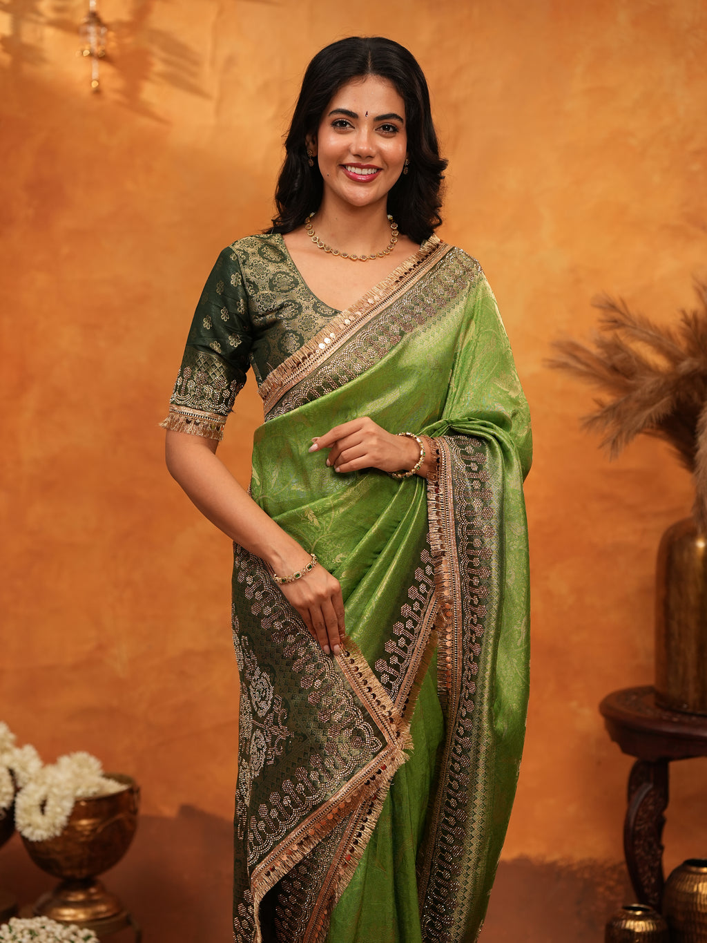Elegant Parrot Green Banarasi Silk Saree with Rich Zari Border & Contrast Blouse | Designer Wedding & Festive Wear Saree