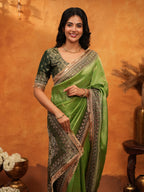 Elegant Parrot Green Banarasi Silk Saree with Rich Zari Border & Contrast Blouse | Designer Wedding & Festive Wear Saree