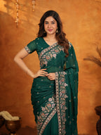 Emerald Green Fendy Satin Embroidered Saree with Heavy Floral Border & Tassels | Designer Saree with Rich Embroidered Blouse
