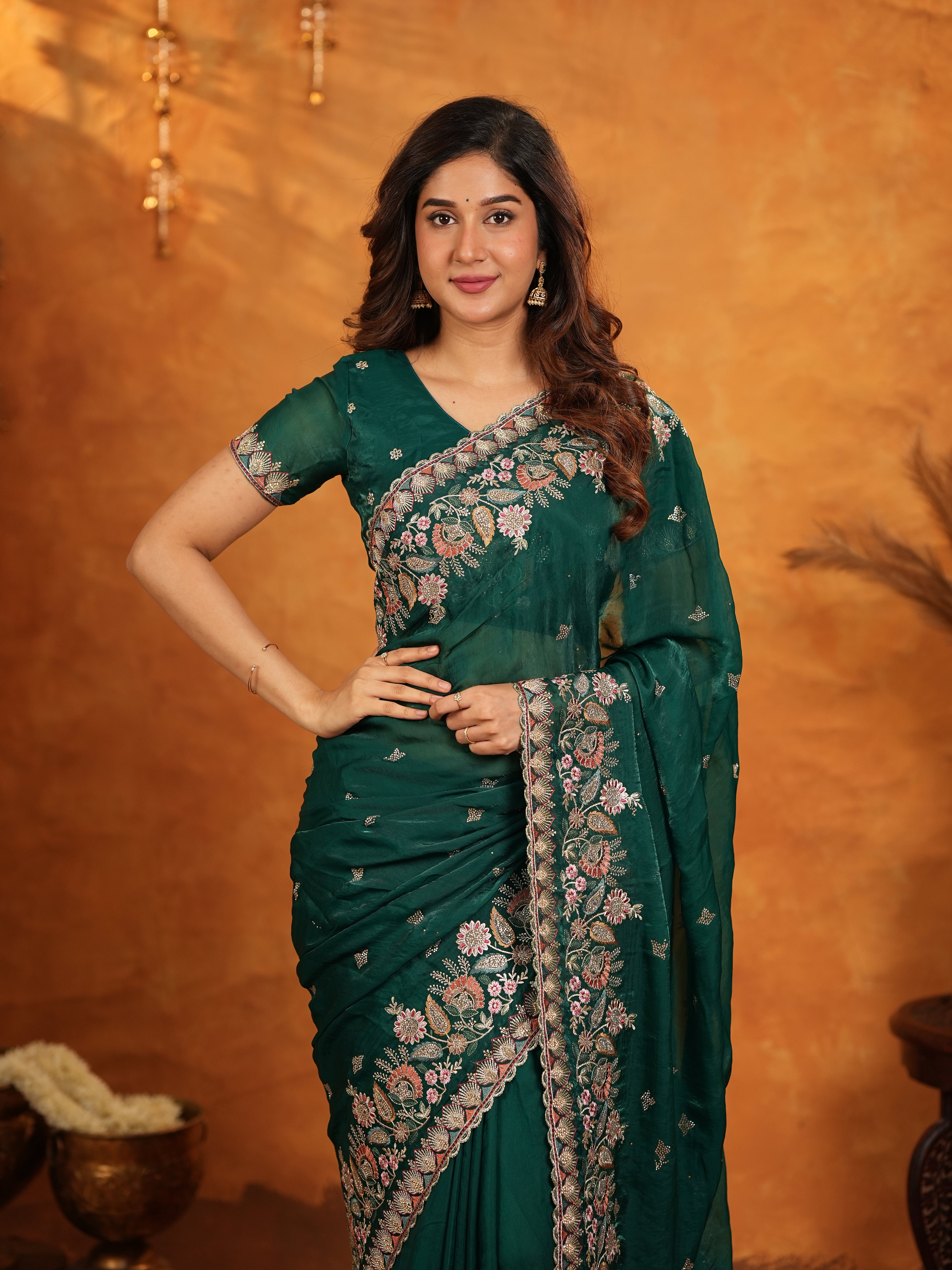 Emerald Green Fendy Satin Embroidered Saree with Heavy Floral Border & Tassels | Designer Saree with Rich Embroidered Blouse