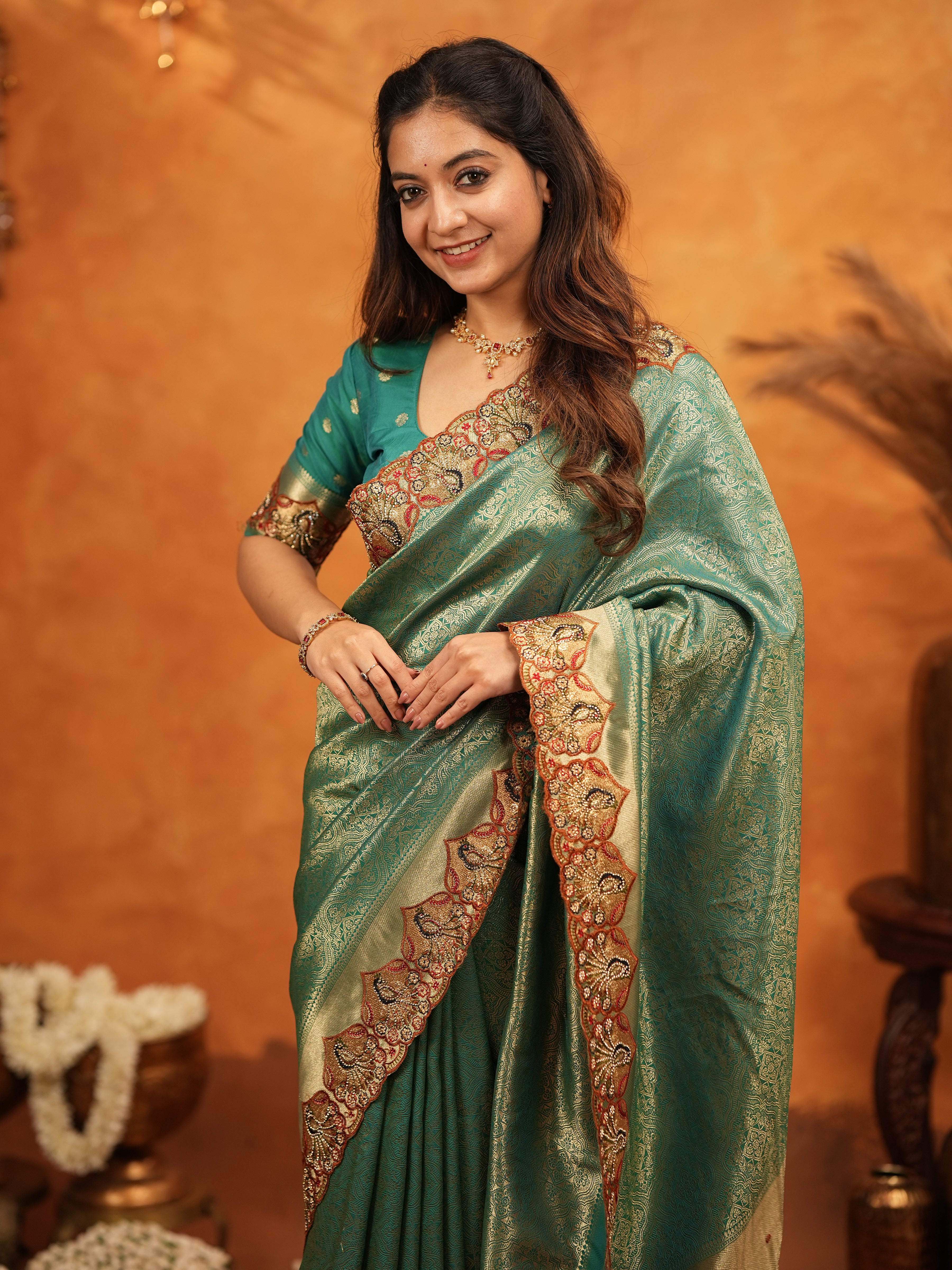 Teal Green Banarasi Silk Embroidered Saree with Royal Paisley Border & Zari Weaving | Heavy Embroidered Blouse with Tassels | Wedding & Festive Wear Saree