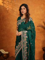 Emerald Green Fendy Satin Embroidered Saree with Heavy Floral Border & Tassels | Designer Saree with Rich Embroidered Blouse