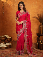 Rani Pink Fendy Satin Embroidered Saree with Heavy Floral Border & Designer Pallu | Festive Party Wear Saree with Embroidered Blouse