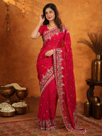 Rani Pink Fendy Satin Embroidered Saree with Heavy Floral Border & Designer Pallu | Festive Party Wear Saree with Embroidered Blouse