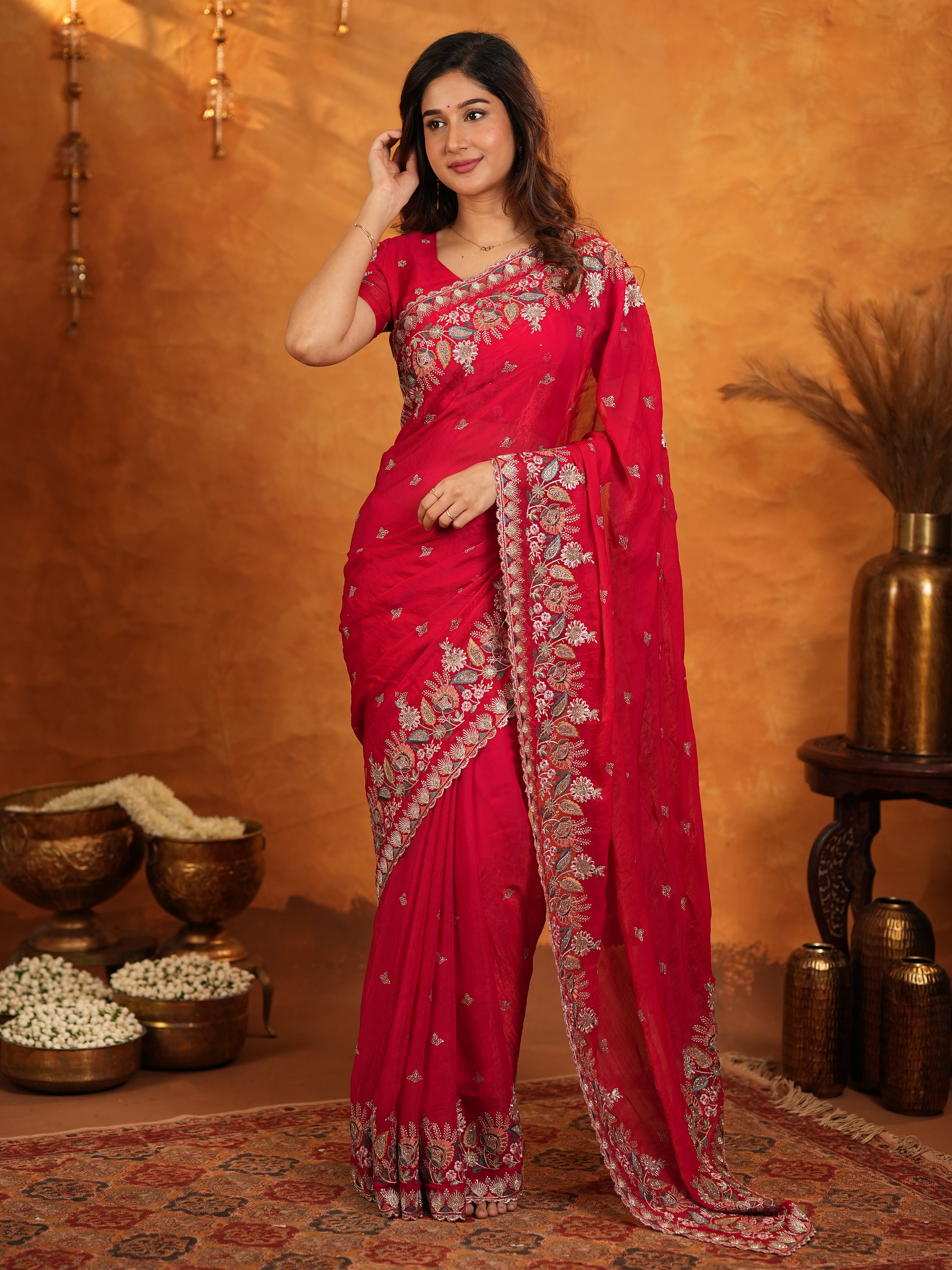 Rani Pink Fendy Satin Embroidered Saree with Heavy Floral Border & Designer Pallu | Festive Party Wear Saree with Embroidered Blouse