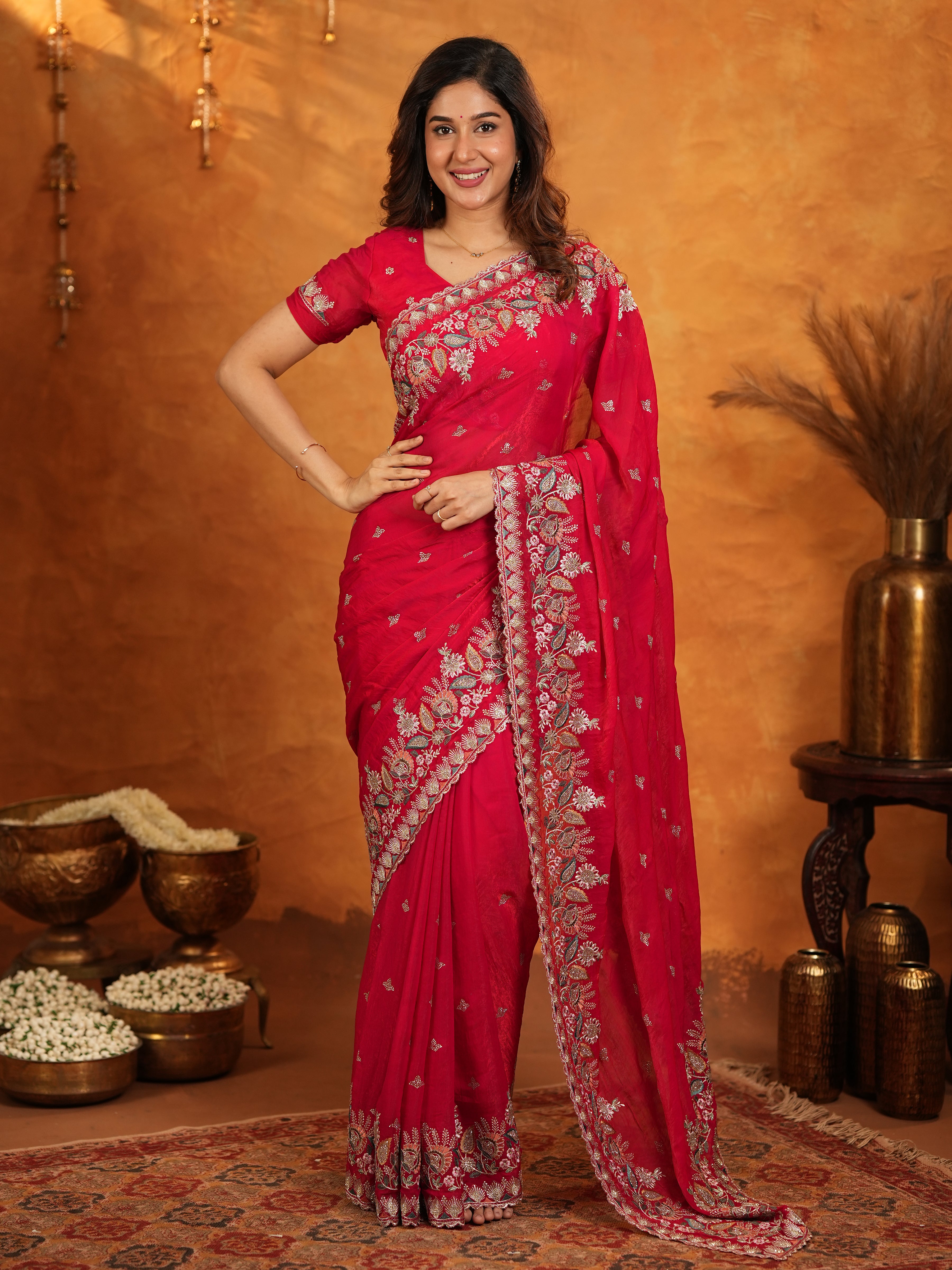 Rani Pink Fendy Satin Embroidered Saree with Heavy Floral Border & Designer Pallu | Festive Party Wear Saree with Embroidered Blouse