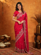 Rani Pink Fendy Satin Embroidered Saree with Heavy Floral Border & Designer Pallu | Festive Party Wear Saree with Embroidered Blouse