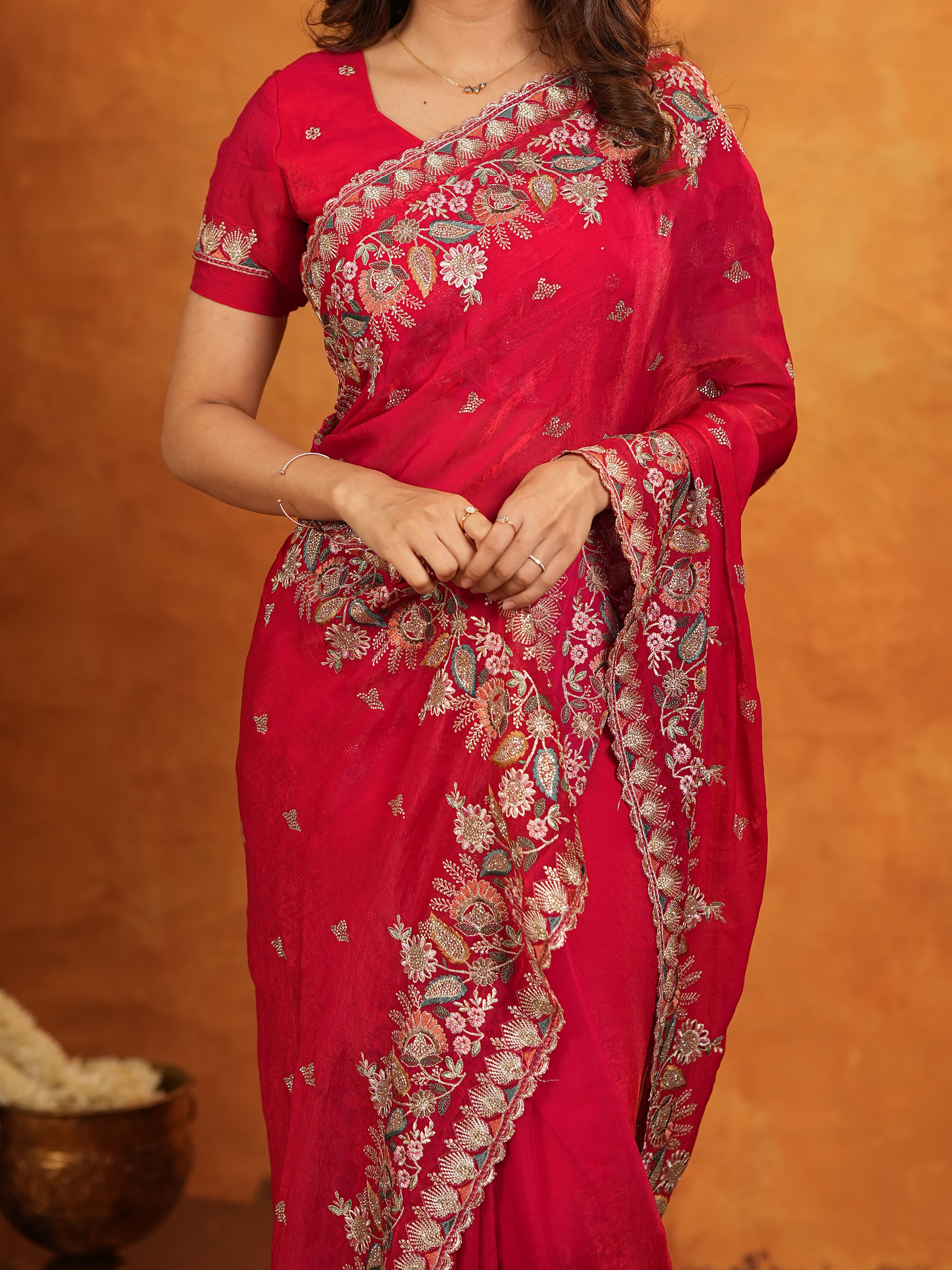 Rani Pink Fendy Satin Embroidered Saree with Heavy Floral Border & Designer Pallu | Festive Party Wear Saree with Embroidered Blouse