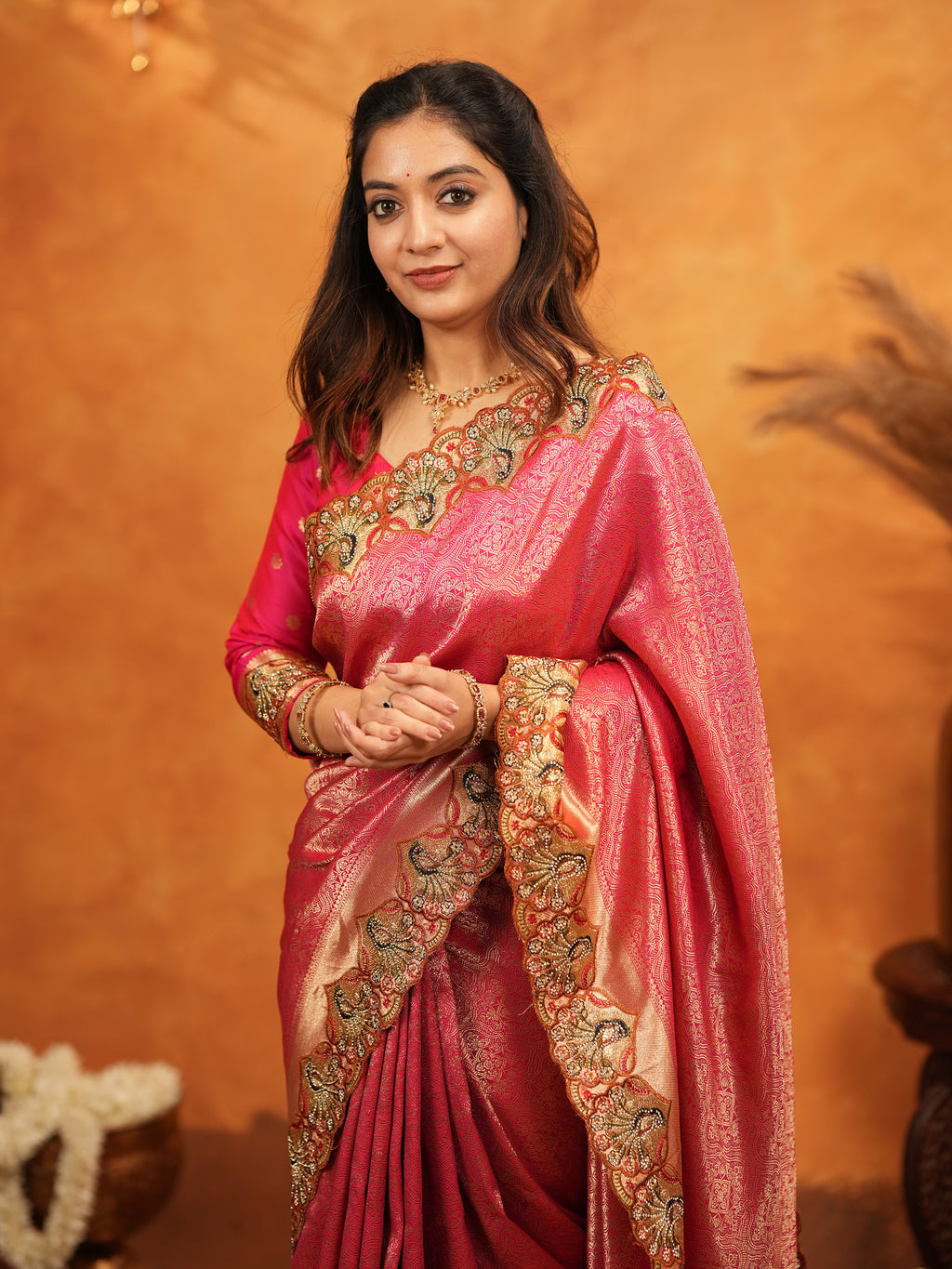 Rani Pink Banarasi Silk Saree with Rich Zari Weaving & Heavy Embroidered Border | Designer Wedding Wear Saree with Embroidered Blouse & Tassels