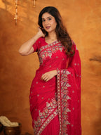 Rani Pink Fendy Satin Embroidered Saree with Heavy Floral Border & Designer Pallu | Festive Party Wear Saree with Embroidered Blouse