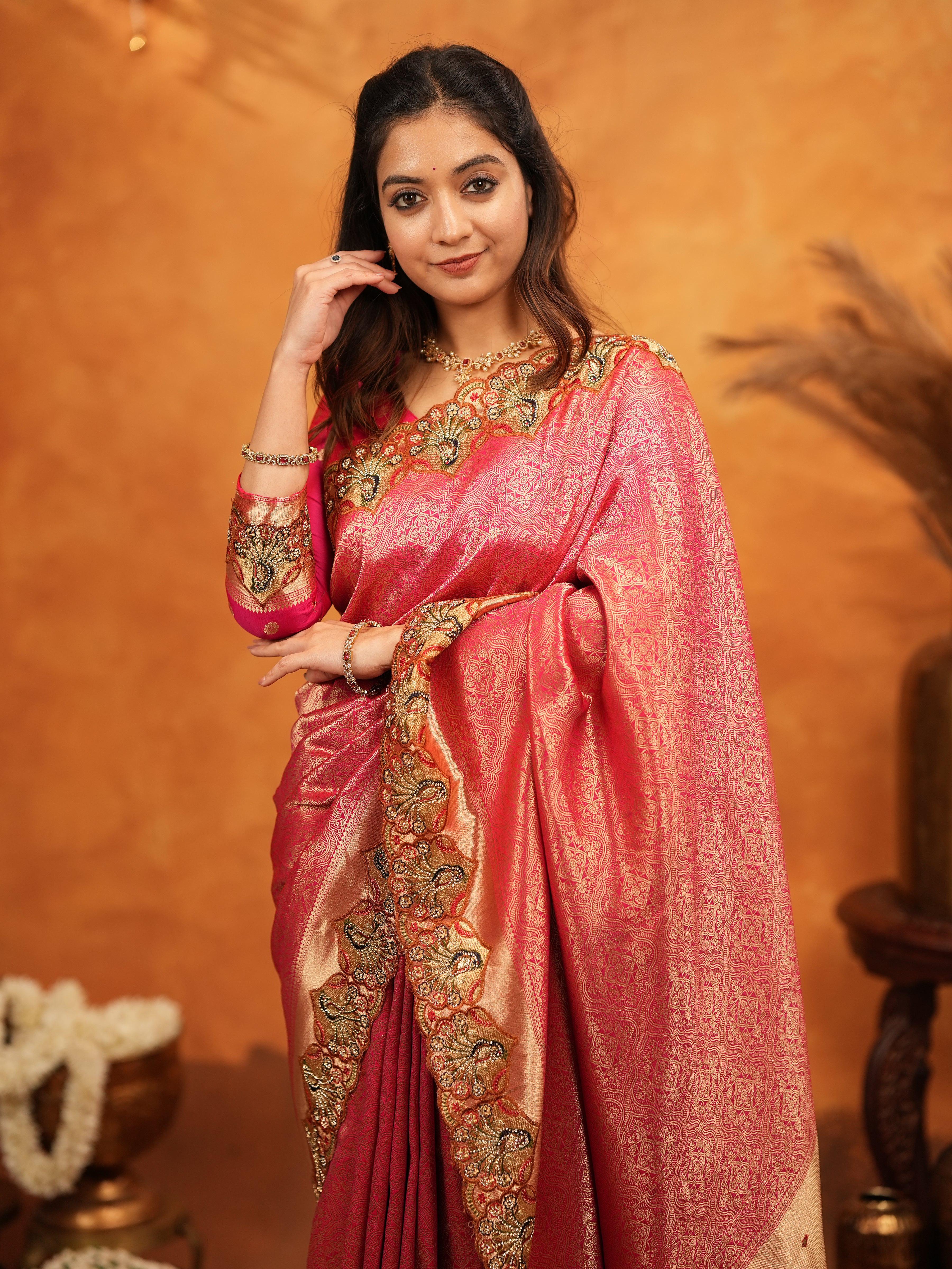 Rani Pink Banarasi Silk Saree with Rich Zari Weaving & Heavy Embroidered Border | Designer Wedding Wear Saree with Embroidered Blouse & Tassels