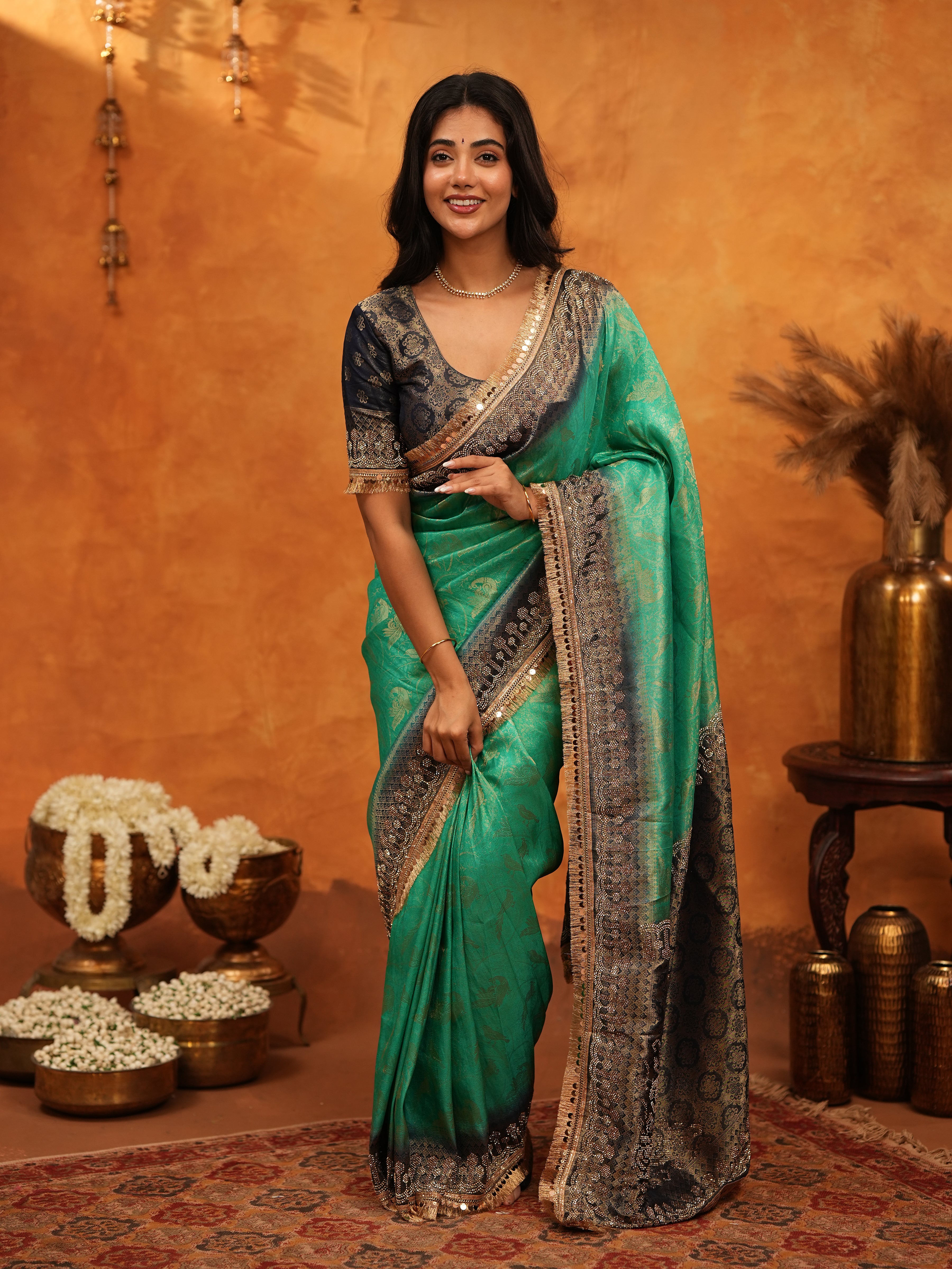 Elegant Teal Green Banarasi Silk Saree with Black Zari Border & Rich Woven Pallu | Designer Festive & Wedding Wear Saree