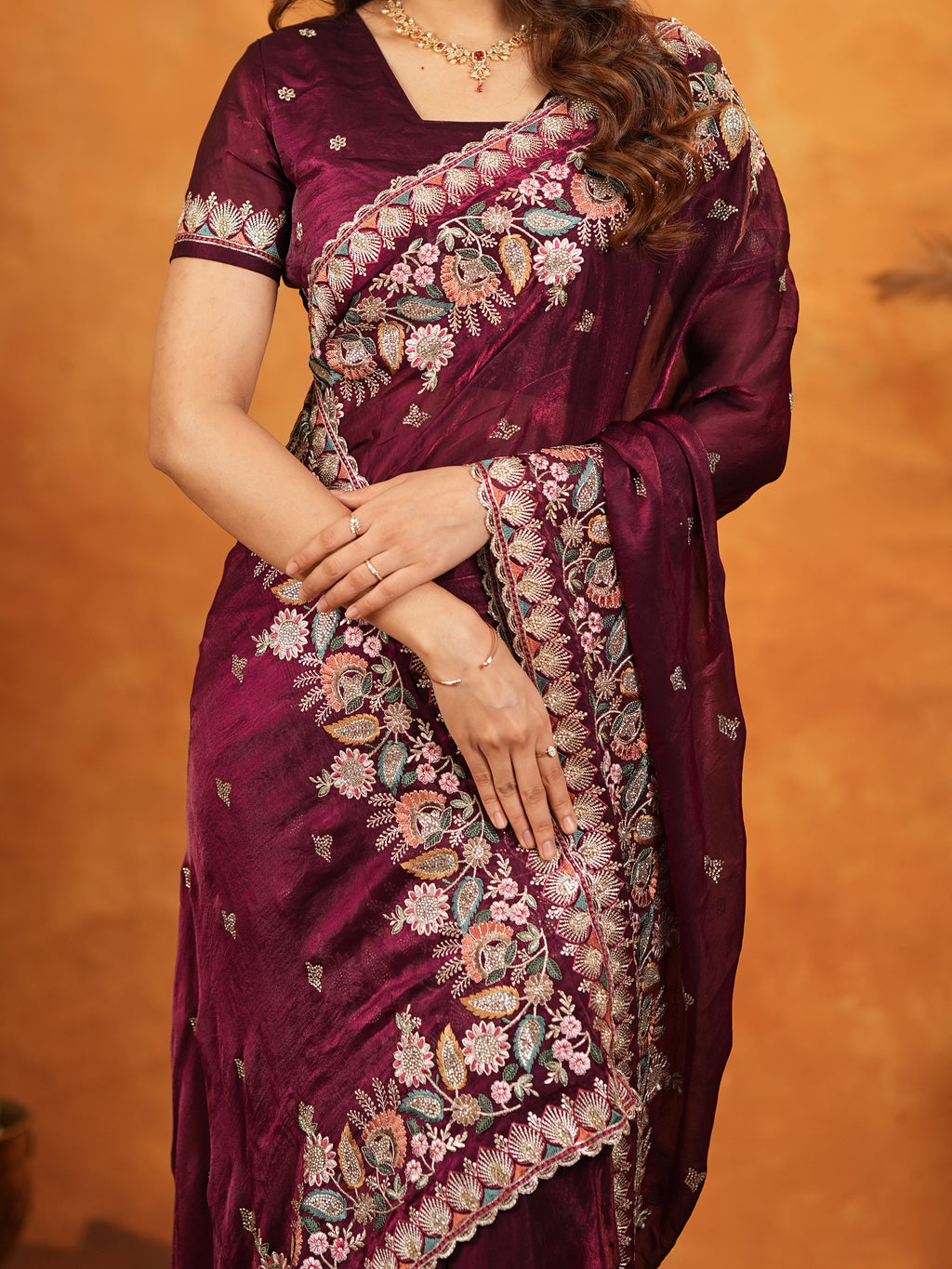 Deep Wine Purple Fendy Satin Embroidered Saree with Heavy Floral Border & Tassels | Designer Saree with Rich Embroidered Blouse