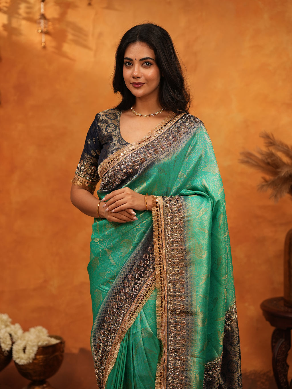 Elegant Teal Green Banarasi Silk Saree with Black Zari Border & Rich Woven Pallu | Designer Festive & Wedding Wear Saree