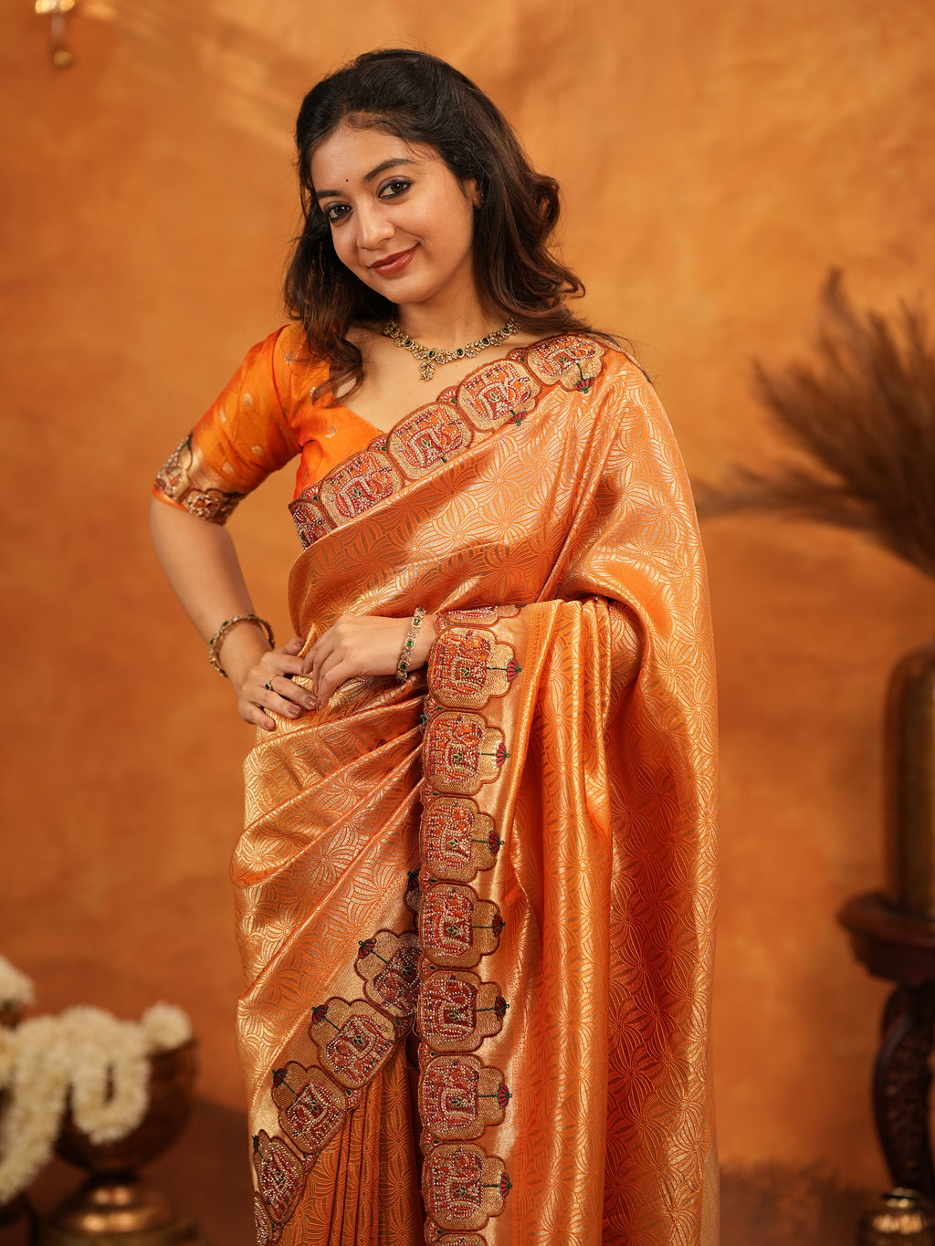 Rust Orange Banarasi Silk Saree with All-Over Zari Weaving & Designer Embroidered Border | Festive Wedding Wear Saree with Blouse & Tassels