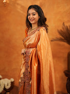 Rust Orange Banarasi Silk Saree with All-Over Zari Weaving & Designer Embroidered Border | Festive Wedding Wear Saree with Blouse & Tassels