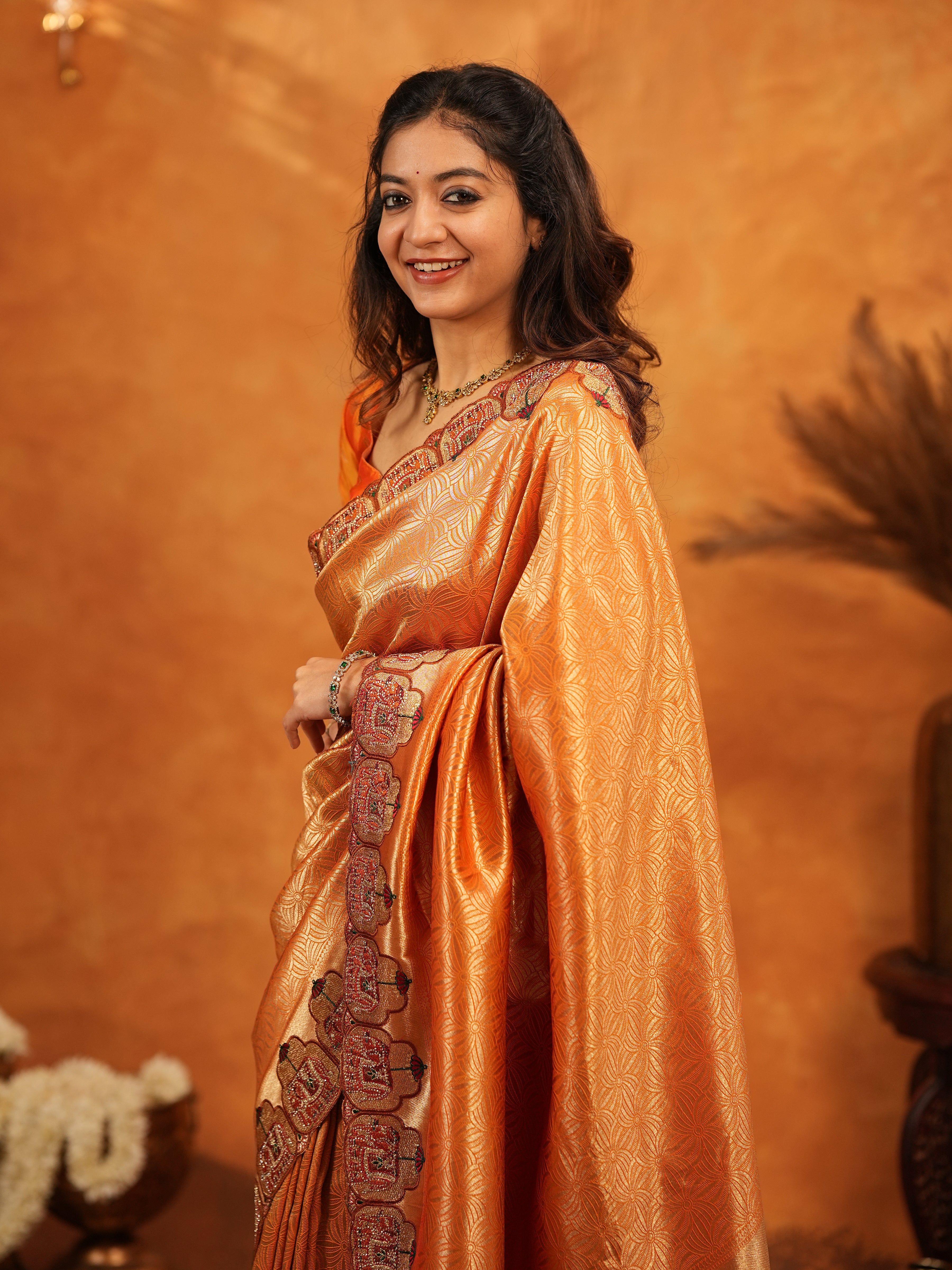 Rust Orange Banarasi Silk Saree with All-Over Zari Weaving & Designer Embroidered Border | Festive Wedding Wear Saree with Blouse & Tassels
