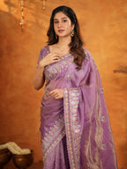 Lavender Purple Fendy Satin Embroidered Saree with Heavy Floral Border & Designer Pallu | Elegant Party Wear Saree with Embroidered Blouse