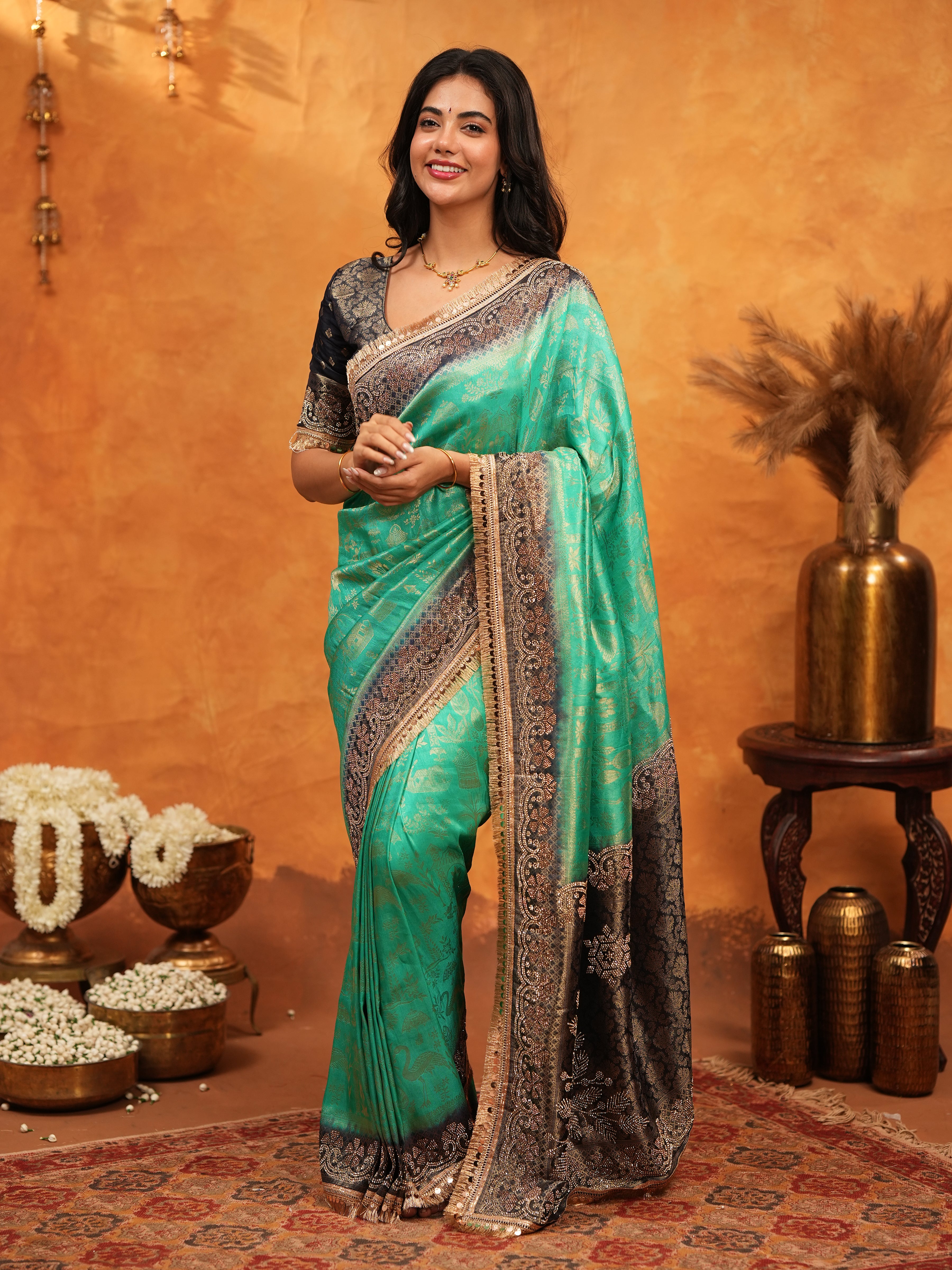 Teal Green & Black Banarasi Silk Saree with Rich Zari Border & Grand Contrast Pallu | Designer Wedding & Festive Wear Saree